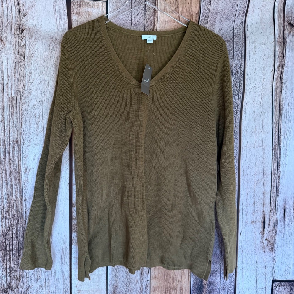 J. Jill V-Neck Sweater Brown Soft Cotton Blend Neutral Fall Layer Large NWT
